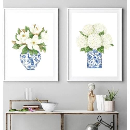 Gallery Wall Art Picture Plants Flowers Poster Decor Blue and White China Magnolia Hydrangea Prints Chinoiserie Canvas Painting