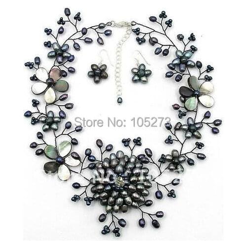 Black Freshwater Pearl Mother of Pearl Shell Wired Flower Necklace&Earrings set 16''-17''inchs Fashion Jewelry New Free Shipping