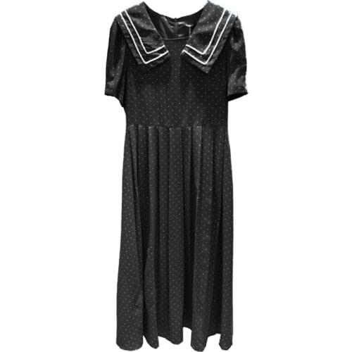 PERHAPS U Women Turn Down Collar Puff Short Sleeve A-line Midi Dress Summer Female Polka Dot Black D1892