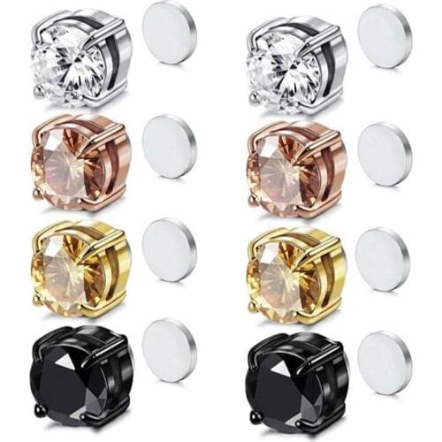 Cubic Zirconia Men Women Fashion Fake Earrings Round Ear Stud No Ear Hole