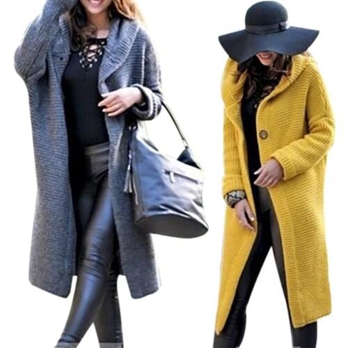 Chic Women Solid Color Long Sleeve Hooded Knitted Sweater Cardigan Coat Outwear Womens Coat Winter/Autumn 2021