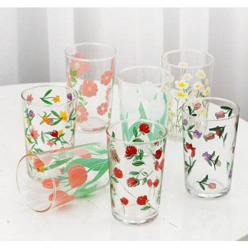 Tulip Ins Blogger with The Same 300ml Punch-in Cup Glass Small Daisy Flower Cup Small Fresh Printing Water Cup Middle Age Cup