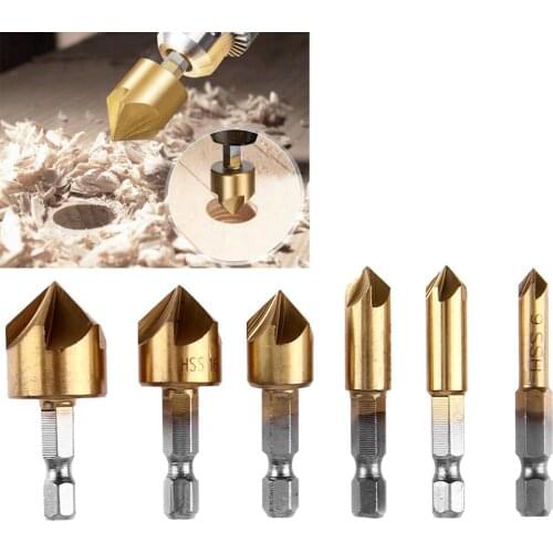 3/6pcs 5 Flutes HSS Countersink Chamfer Drill Bit 6-19mm Hex Shank Titanium HSS Wood Chamfering Cutter Woodworking Tool