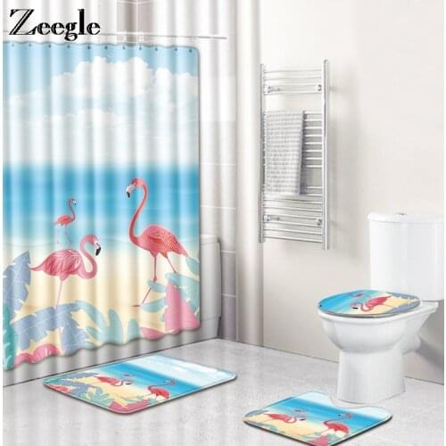 Zeegle 4pcs Bath Mat Set Anti Slip Toilet Pedestal Rug Foot Mat Toilet Seat Cover Mat Waterproof Bathroom Curtain Toilet Set