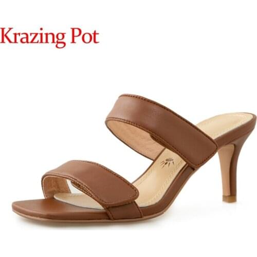 Krazing pot large size genuine leather high heels square toe French romantic solid streetwear slip on women summer sandals L79