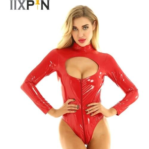 Womens Pole dance costume Rave Dance Leotard One-piece Wet Look Patent Leather Lingerie Long Sleeves Breast Hollow Out Bodysuit