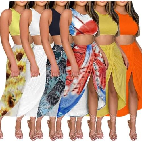 2021 Summer Two Piece Sets Women Solid Top Printing Slit Beach Long Maxi Skirt Two-Piece Suit Women Sexy Ruffles Tracksuit Set