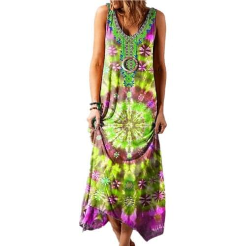 Summer Dress Bohemian Sundress Sleeveless Ethnic Print V Neck Large Hem Loose Maxi Dress Beach robe femme vestidos платье 2021