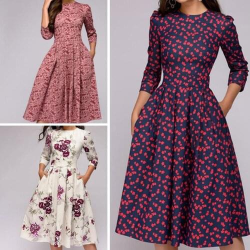 Women Dress Elegant Fashion Floral Print 3/4 Sleeve Round Neck A-line Slim Ruched Party Dress For Womens Dress Evening