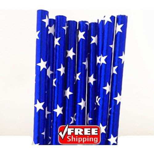 200pcs Metallic Blue Foil Star Paper Straws Bulk-Cute Shiny 4th of July Hanukkah Christmas New Years Patriotic Party Drinking