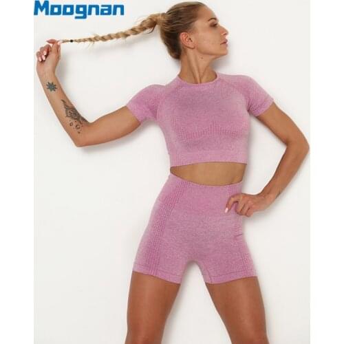 Seamless Yoga Set Women Gym Workout Clothes Fitness Sports Suits Short Sleeve Top High Waist Shorts Running Sportswear Clothing