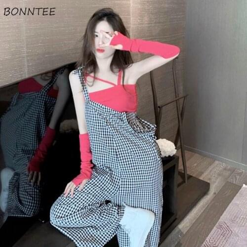 Pant Sets Women Fashionable High Street Plaid Sexy BF Overalls Backless Buttons Summer Two Piece Loose Bandage Retro Loose Girls