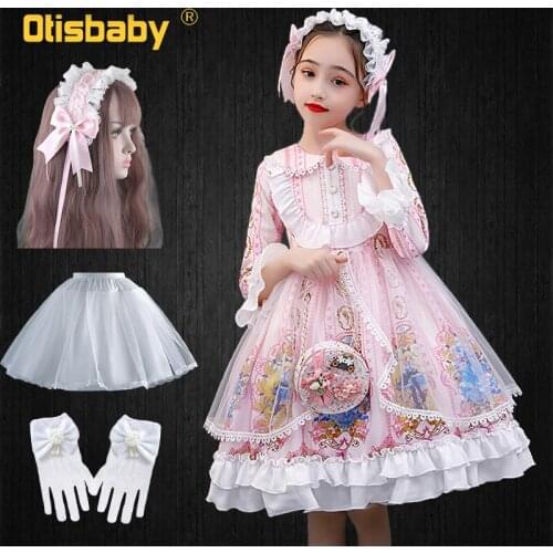 Children Lace Flower Girls Spanish Palace Lolita Princess Dress Kids Pink Ruffle Retro Print Party Ball Gowns Japanese-Style