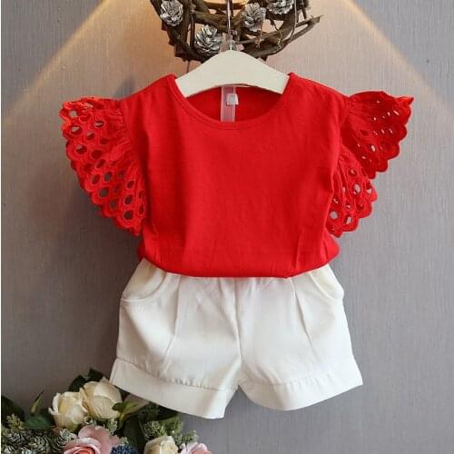 2020 Summer Girls' Clothing Sets Cute Korean Hollow Short Sleeve T-shirt + Shorts 2PCS Suit Kids Clothes Set Children Clothing