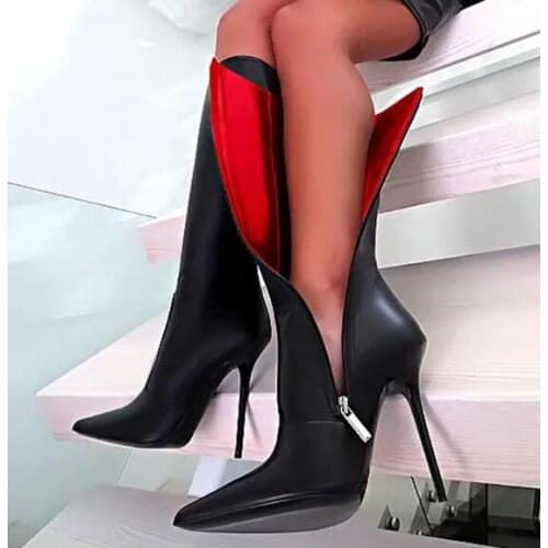 Linamong Black Matte Leather Knee High Sexy High-heeled Boots Woman Pointed Toe Stiletto Heels Single Boots Party Dress Shoes