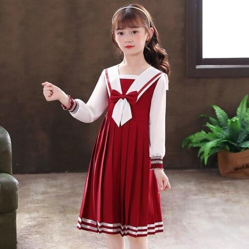 Girls Autumn College Wind Dresses Kids Long Sleeve Dress Cute New Korean Bow Sailor Collar A-line Dress Princess Dress For Girls