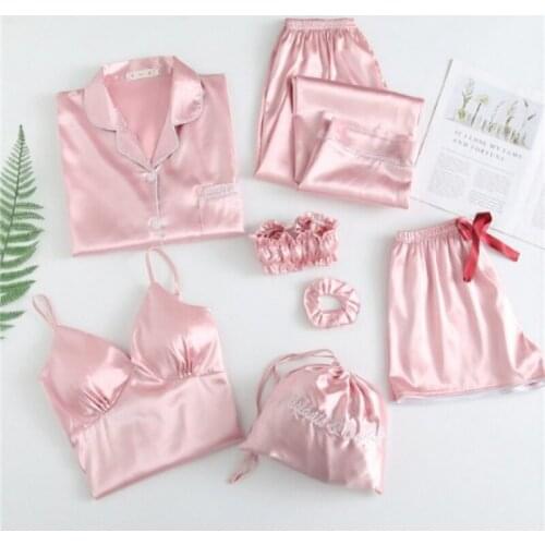 Womens Pajamas Sexy Sling Faux Silk Striped Sleepwear Sets 7 Pieces Female Spring Summer Homewear Long-sleeved Cardigan Set Hot