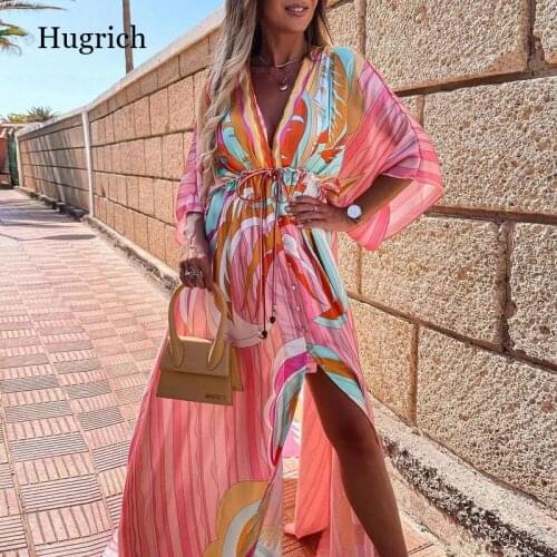 Sexy Deep V Neck Printing Hem Maxi Dress Women Elegant Button Elastic Waist Long Party Dress 2021 Summer Loose Slit Beach Dress