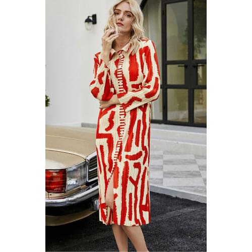 HOT SELLING Miyake fold dress of print stripe long sleeve turndown collar Button Pleated dress IN STOCK