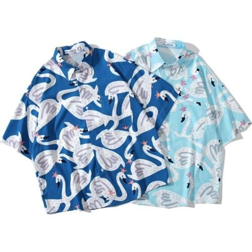 Men Shirt Short Sleeve Blue 2021 New Summer Loose Fashion Cute Swan Male Shirt Thin Cartoons Student European Style S61