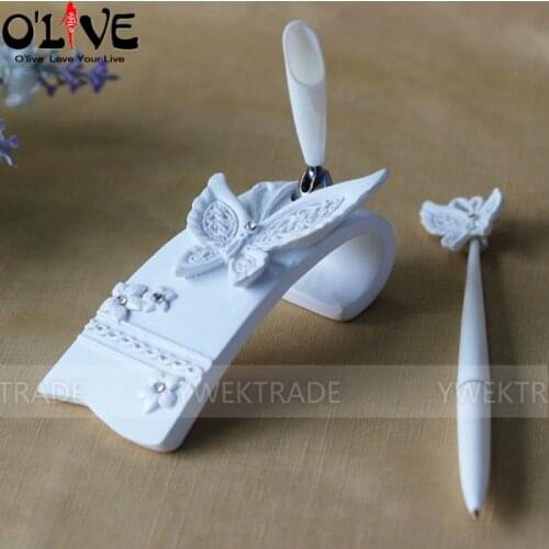 Wedding Pen & Pen Holder Set White Resin Signature Pen Wedding Guest Book Signing Pen Baby Shower Bridal Ballpoint Pen