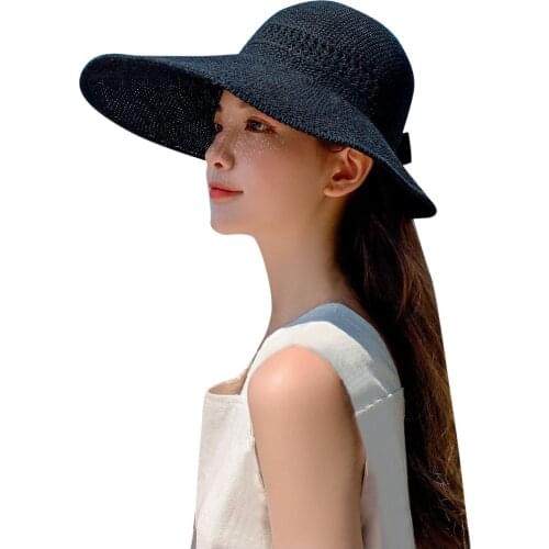 Womens Summer Casual Beach Sun Hats Simple Solid Color Bow Hollow Out Caps Ladies Outdoor Sun Protection Brief Hat Casquette