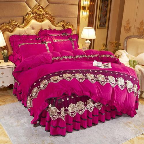 Solid Color Crystal Velvet Gold Embroidery Lace Bedding Quilt Cover Sets Rose Red Soft Thick Home Duvet Cover Pillowcases