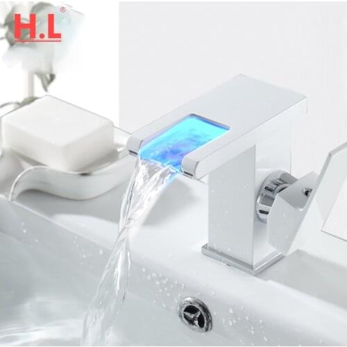 Bathroom Sink LED Waterfall Faucet RGB Color Change Hot and Cold Basin Faucet Brass Mixer Tap Sink Faucet Toilet Taps