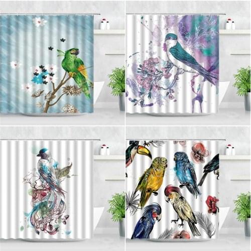 Colorful Birds Shower Curtains Waterproof Fabric Bathtub Screen Flowers Parrot Water Color Art Bathroom Decor Curtain With Hooks