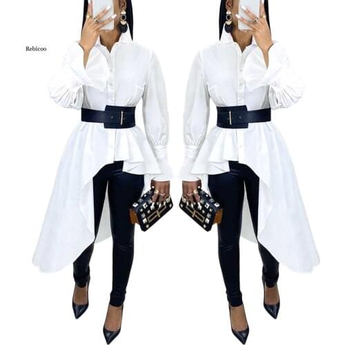 Women Shirt Sexy Asymmetrical Long Shirt Casual Flare Sleeve Irregular Blouse Shirt Fashion Front Button White High Low Tops New