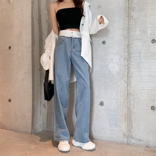 Jeans 2019 New Spring Autumn Fashion High Waist Jeans Patchwork Hit Color Faux Two Piece Woman Denim Wide Leg Pants