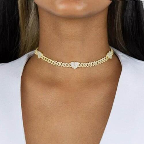 Iced Out Bling 5A CZ Heart Charm Choker 7MM Silver Color 2 Row CZ Cuban Link Chain Fashion Women Necklace Valentines Day Gift