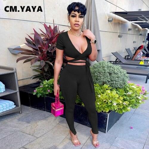 CM.YAYA Women Set Solid Short Sleeve V-neck Bandage Crop Tops Pencil Splited Pants Two 2 Piece Sets Tracksuit Summer Outfits