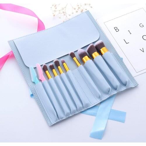 10 Slots Travel Supplies Cosmetic Make Up Brushes Portable Travel Makeup Brushes Holder for Home PU Holder Roll Pouch Bag Blue