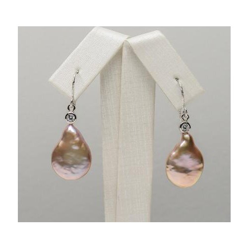 13.8-14.3mm Light Purple Genuine Freshwater Pearl Earrings 925 Sterling Silver