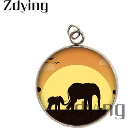 Zdying 2pcs Elephant silhouette Pattern Glass Cabochon Dome Charms Stainless Steel Animal Necklace Pendants Accessories EL024
