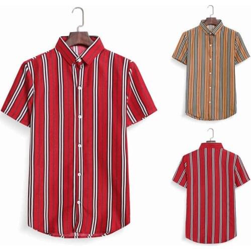 2020 Summer Plus size Mens Fashion Vertical Striped Button Down Casual Short Sleeve Cotton Shirt