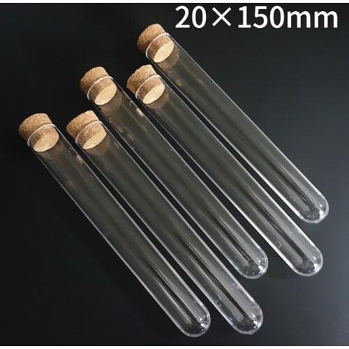 50pcs/Pack 20x150mm Round Bottom Plastic Test Tube with Cork Hard Transparent Packing Vial lab School Wedding Favours