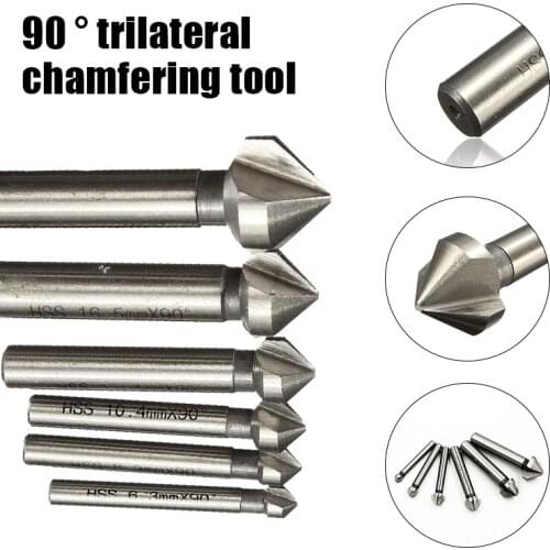 Round Shank 6Pc 3 Flute 90 Degree HSS Chamfering Cutter End Mill Tool Round Shank Countersink Deburring Drill Bit Set 6.3-20.5mm