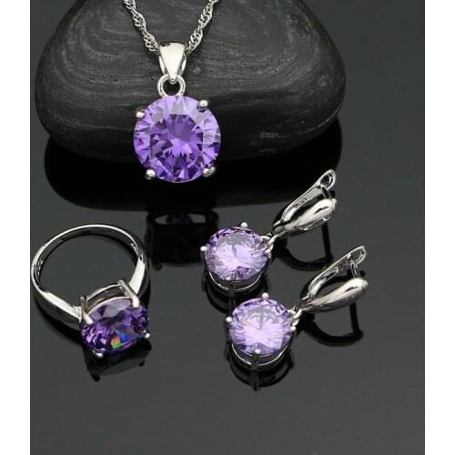 925 Sterling Silver Jewelry Set for Women Noble Earrings Pendant Necklace Ring Glittering Amethyst Jewelry Anniversary Gift