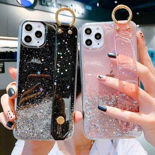Wrist Strap Bling Glitter Phone Case For iPhone 12 11 Pro Max 12 Mini XS Max X XR 8 7 6s Plus SE 2020 Silicone Clear Cover Case
