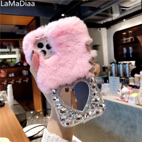 Warm Rabbit Fur Plush Luxury Diamond Phone Case For Huawei P8 P9 P10 P20 P30 P40 Pro Lite Mate 10 20 30 Pro Lite Soft TPU Case