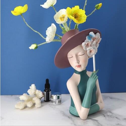 European Hat Flower Girl Vase Resin Adornments Home Livingroom Desktop Sculpture Decoration Office Coffee Table Figurines Crafts