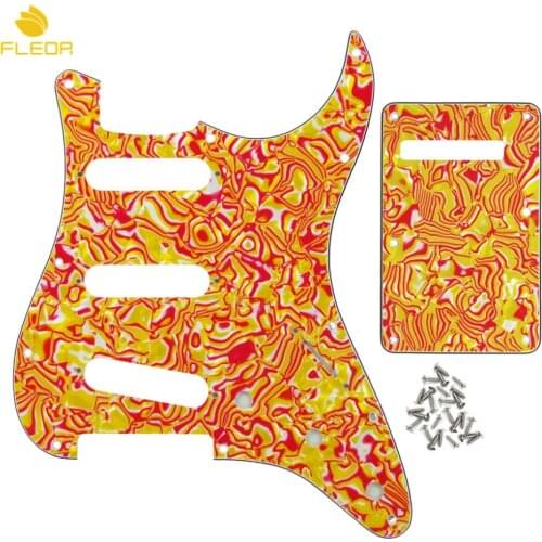 FLEOR 11 Holes Guitar Pickguard Pick Guard SSS & Back Plate & Screws for Strat Guitar, Red/Yellow Shell 4Ply
