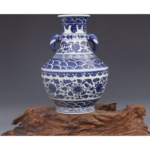 Qing Dynasty Qianlong Blue And White Sea Water Entangled Pattern Elephant Ear Vase Antique Porcelain Old Objects Collection
