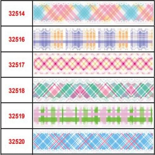 Free Shipping 16mm-75mm Plaid & Lace Pattern Printed Grosgrain Ribbon /Elastic Band For DIY Hair Tie Gift Wrapping 50 Yards