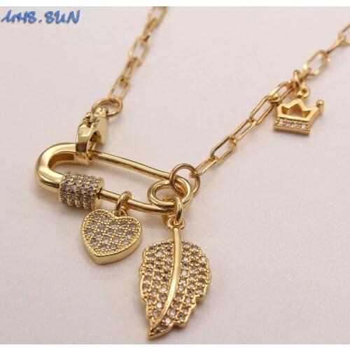 MHS.SUN Fashion Women AAA Zircon Necklace With Paperclip/Leaf/Heart Pendant Gold Color Chain Necklace For Hip hop Jewelry Gift