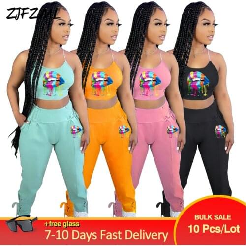 Bulk Items Wholesale Lots Athleisure Sets Jogging Suit for Women Print Camisole Slim Fit Crop Top and Drawstring Long Trousers