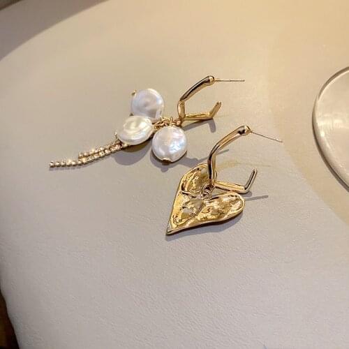Origin Summer Temperament Asymmetric Imitation Pearl Dangle Earring for Women Girls Love Heart Rhinestone Metal Earring Jewelry