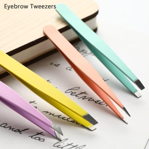 Hair Removal Tweezers Stainless Steel Eyebrow Tweezers Pink Slanted Black Tip Point Face Harmless Makeup Beauty Tool Sliver